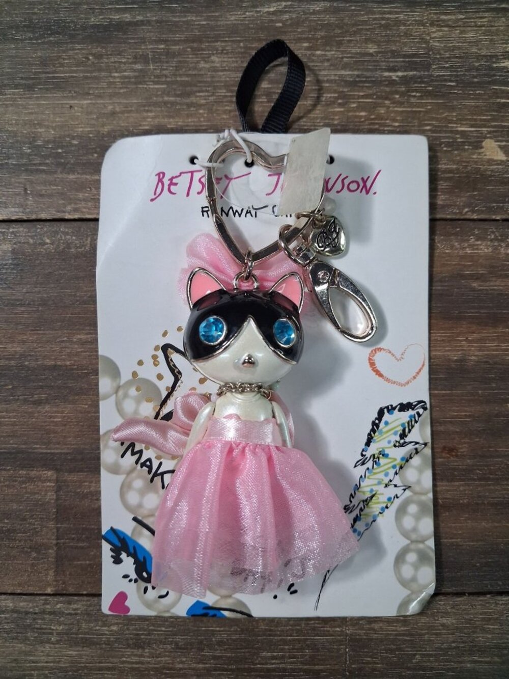 Betsey Johnson Runway Critters Bag Tag Charm Cat Blue Rhinestone Pull Keychain